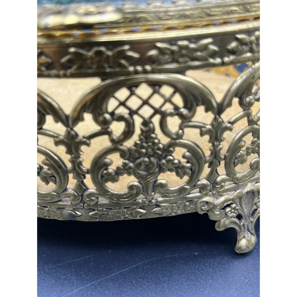 Vintage Ormolu Beveled Glass Filigree Oval Footed Trinket Box 6